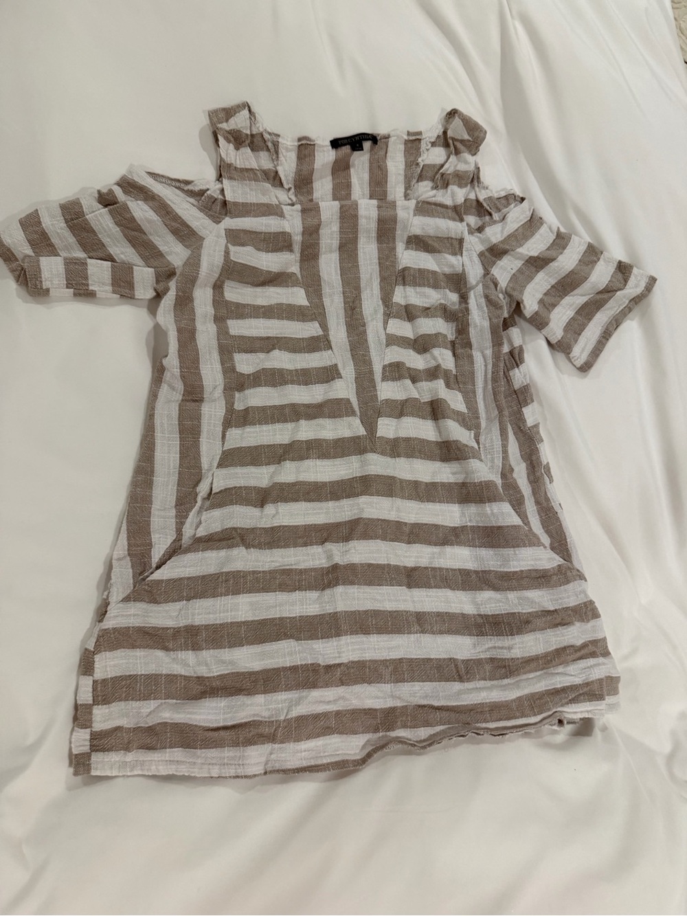 For Cynthia Beige and White Striped Cold-Shoulder Tunic